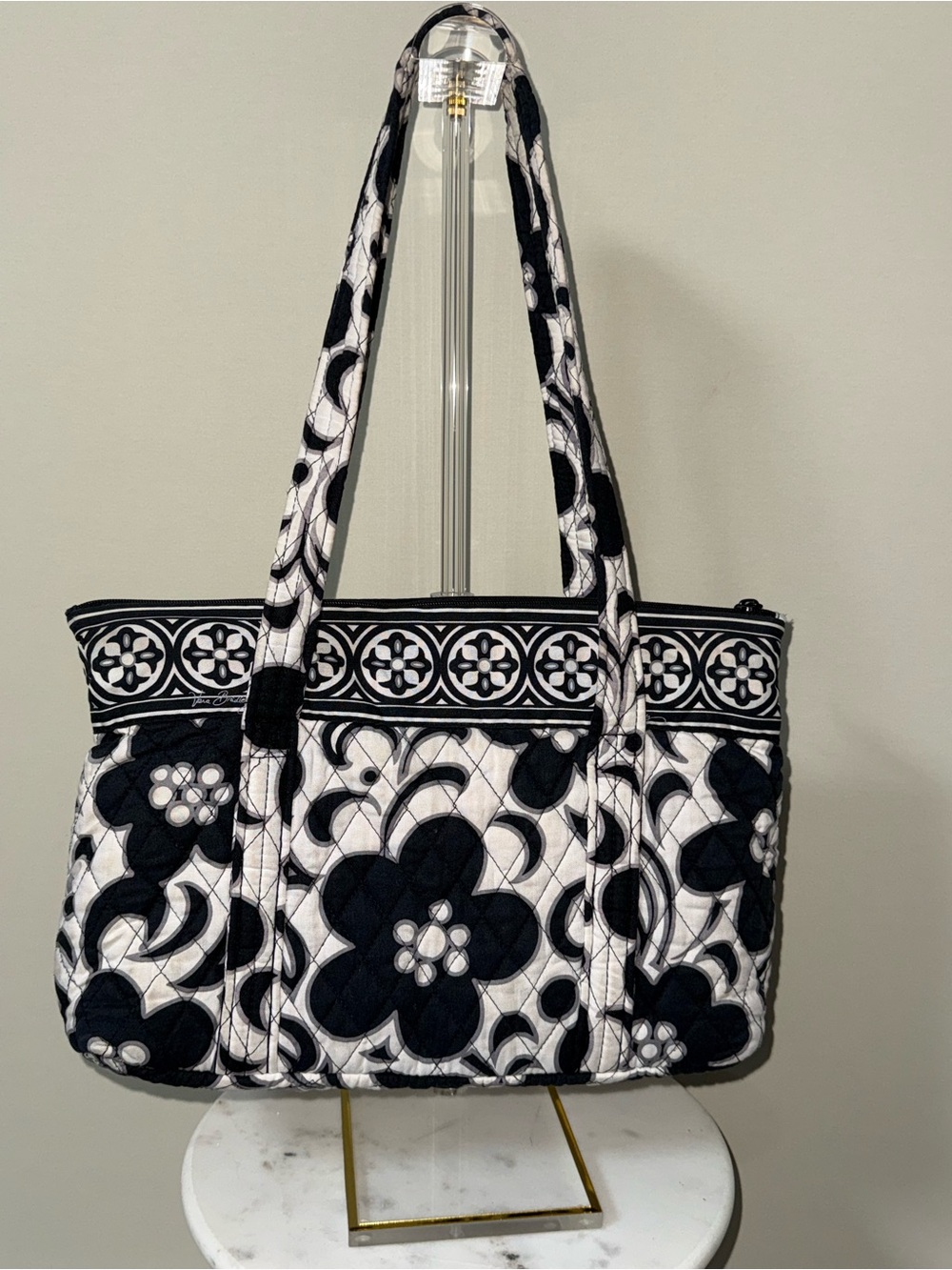 Vera Bradley Night & Day Black and White Floral Quilted Tote Bag Retired in 2010